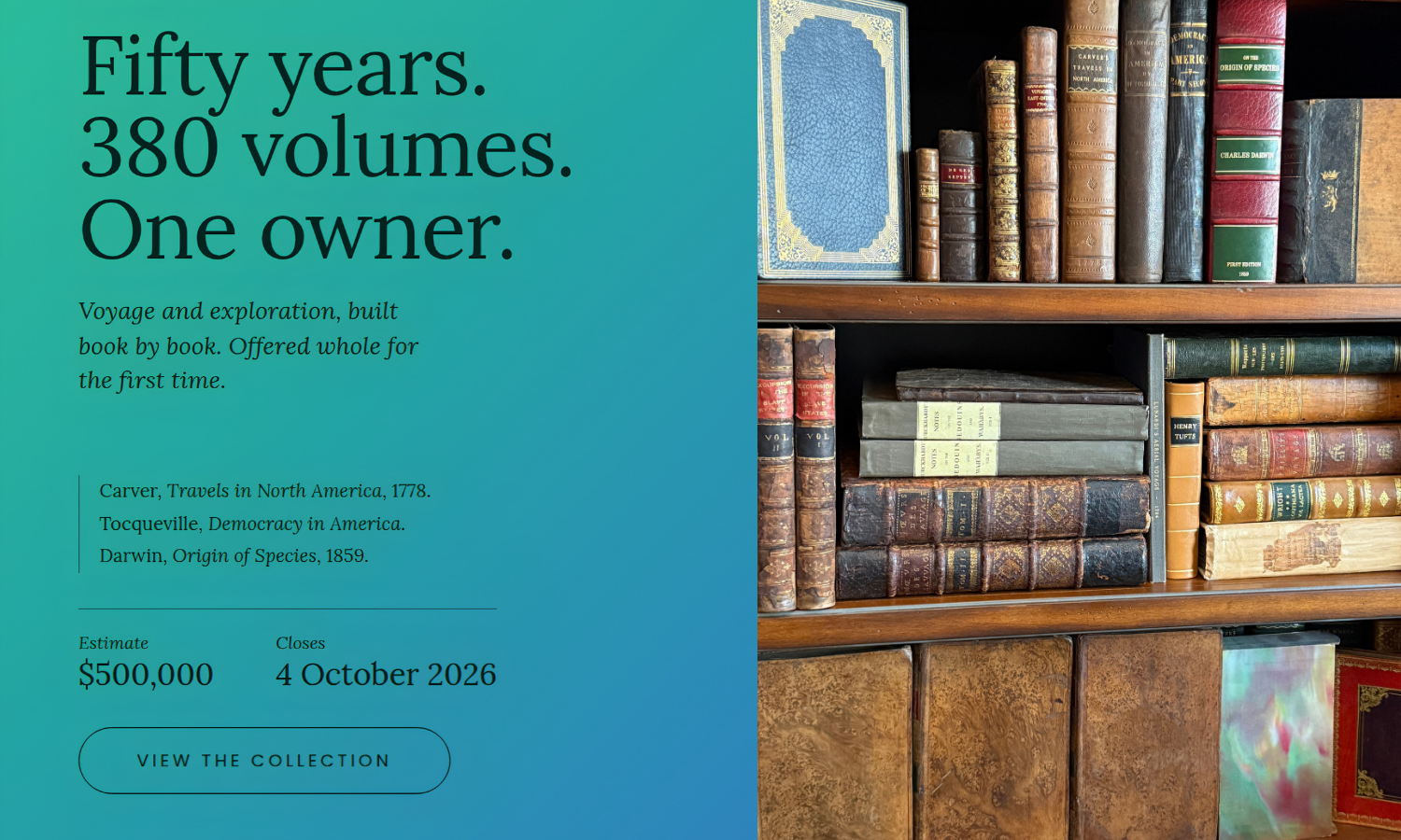 Fifty years, 380 volumes, one owner: a voyage and exploration collection offered whole for the first time.